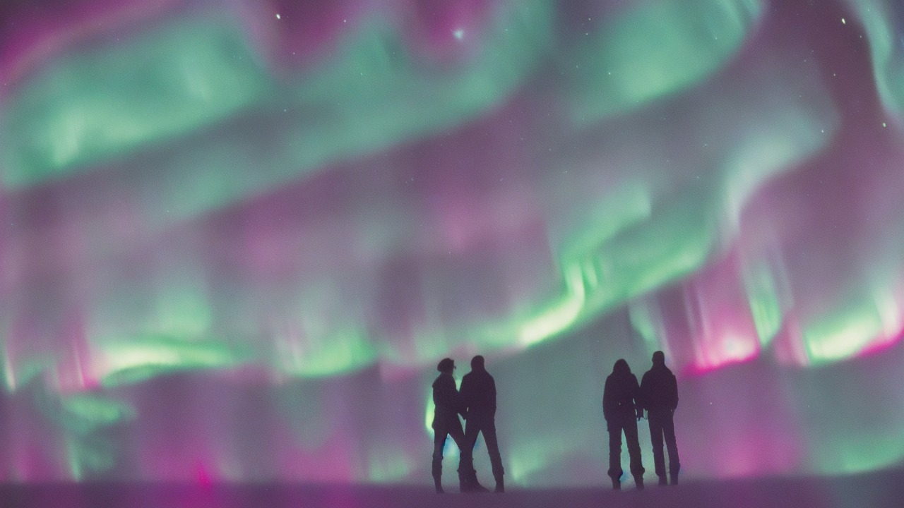 Stars swirling above two figures standing on horizon in communion