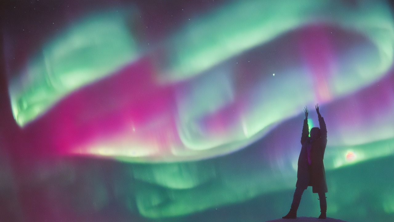 Dreamer beneath the aurora light symbolizing connection and reflection