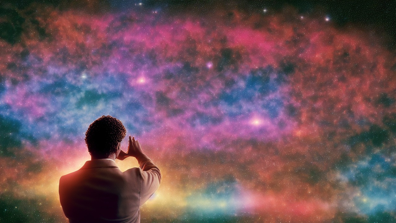 Dreamer gazing at a cosmic sky filled with patterns of light and geometry